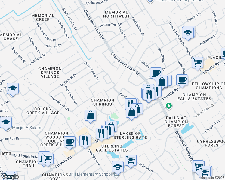 map of restaurants, bars, coffee shops, grocery stores, and more near 17006 Valley Palms Drive in Spring