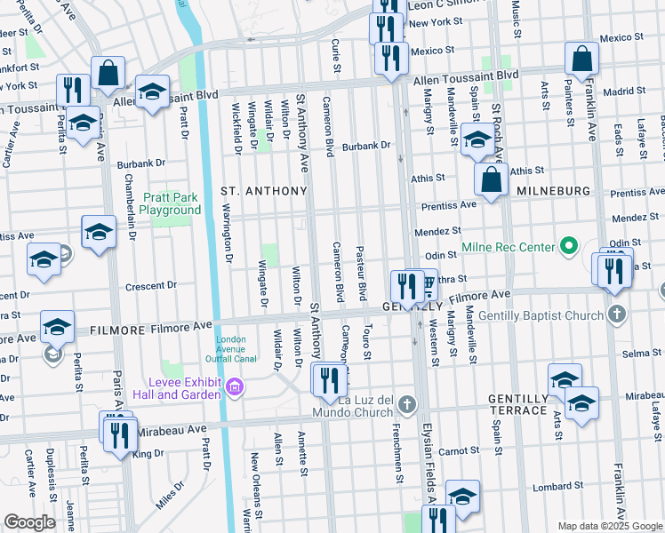 map of restaurants, bars, coffee shops, grocery stores, and more near 5331 Saint Anthony Avenue in New Orleans