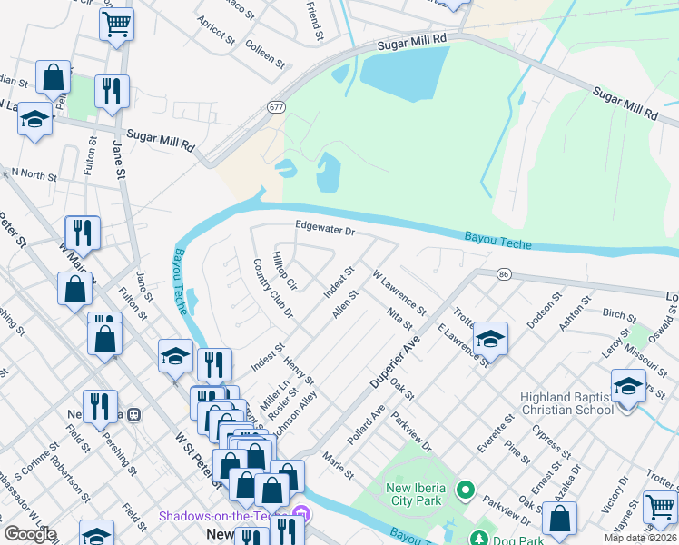 map of restaurants, bars, coffee shops, grocery stores, and more near 351 Allen St in New Iberia