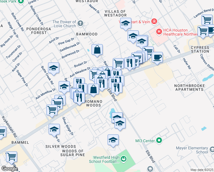 map of restaurants, bars, coffee shops, grocery stores, and more near Farm to Market 1960 West Rd & Ella Blvd in Houston