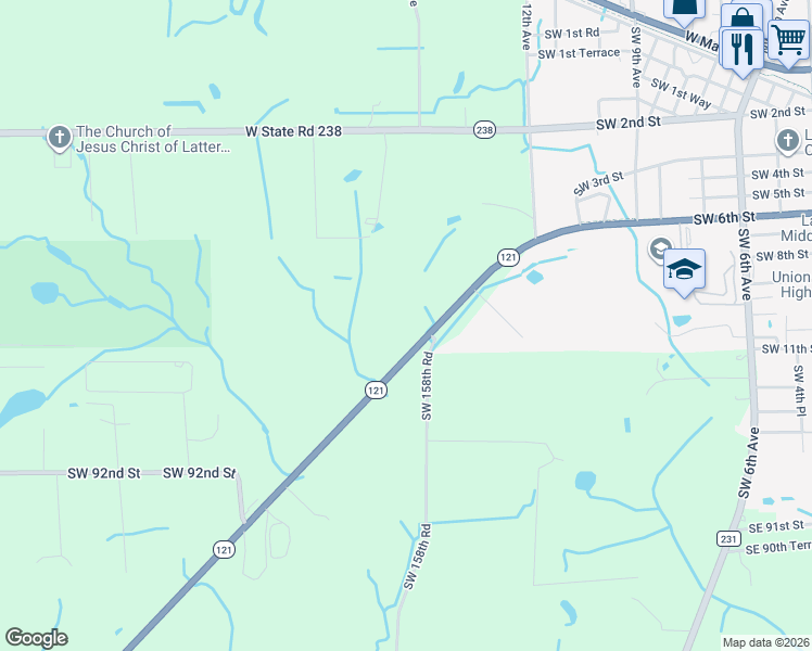 map of restaurants, bars, coffee shops, grocery stores, and more near 9561 Florida 121 in Lake Butler