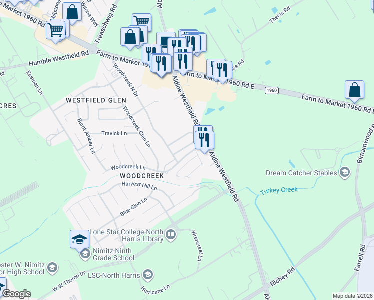 map of restaurants, bars, coffee shops, grocery stores, and more near 3138 Dogwood Springs Drive in Houston
