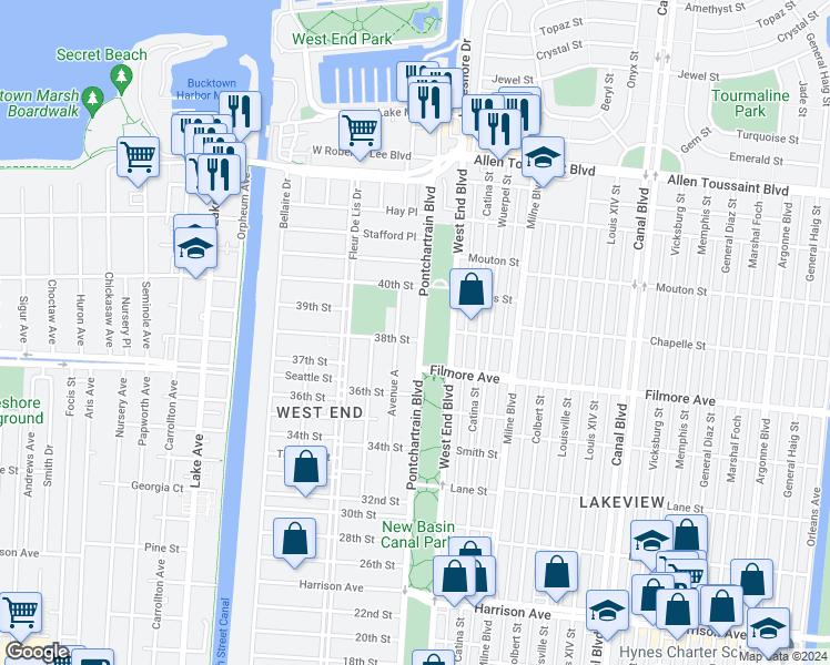 map of restaurants, bars, coffee shops, grocery stores, and more near 6708 Pontchartrain Boulevard in New Orleans