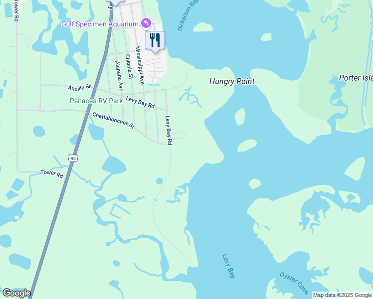 map of restaurants, bars, coffee shops, grocery stores, and more near 192 Levy Bay Road in Panacea