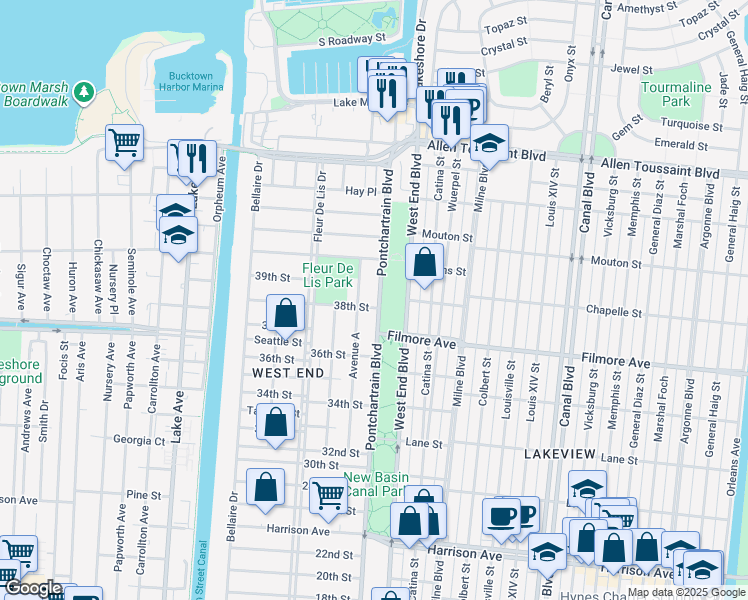 map of restaurants, bars, coffee shops, grocery stores, and more near 6740 Pontchartrain Boulevard in New Orleans