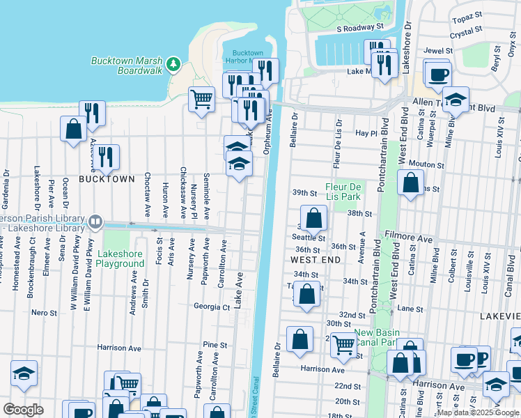 map of restaurants, bars, coffee shops, grocery stores, and more near 1541 Lake Avenue in Metairie