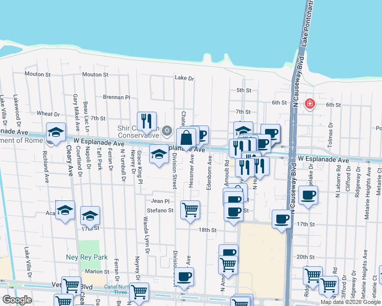 map of restaurants, bars, coffee shops, grocery stores, and more near in Metairie