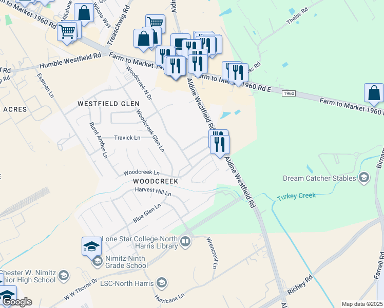 map of restaurants, bars, coffee shops, grocery stores, and more near 3107 Dogwood Springs Drive in Houston