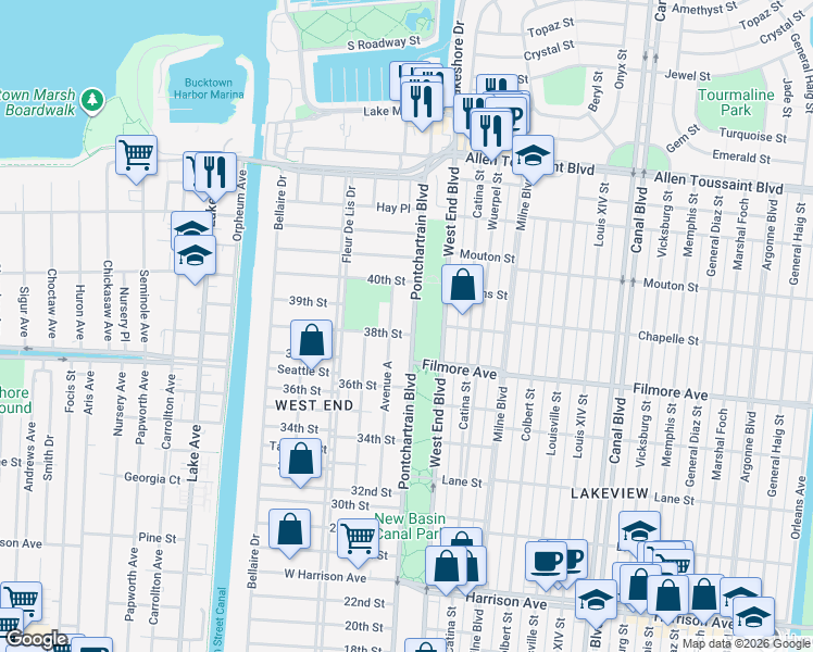 map of restaurants, bars, coffee shops, grocery stores, and more near 6740 Pontchartrain Boulevard in New Orleans
