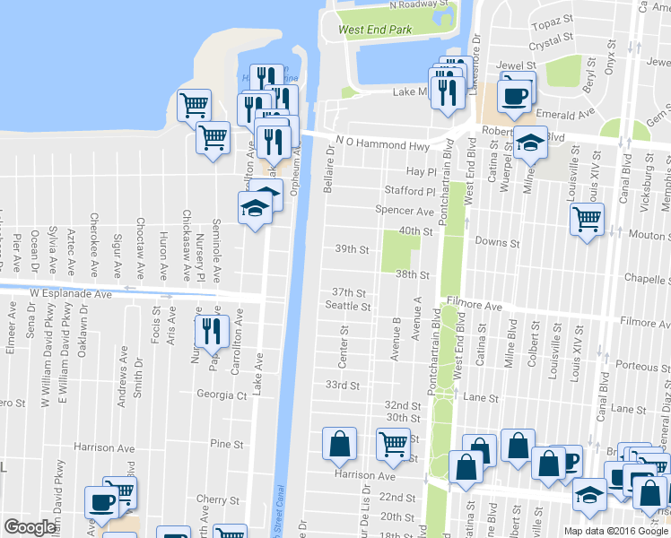 map of restaurants, bars, coffee shops, grocery stores, and more near 433 38th Street in New Orleans