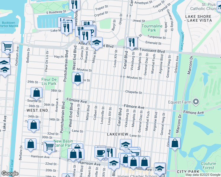 map of restaurants, bars, coffee shops, grocery stores, and more near 6800 Louis XIV Street in New Orleans