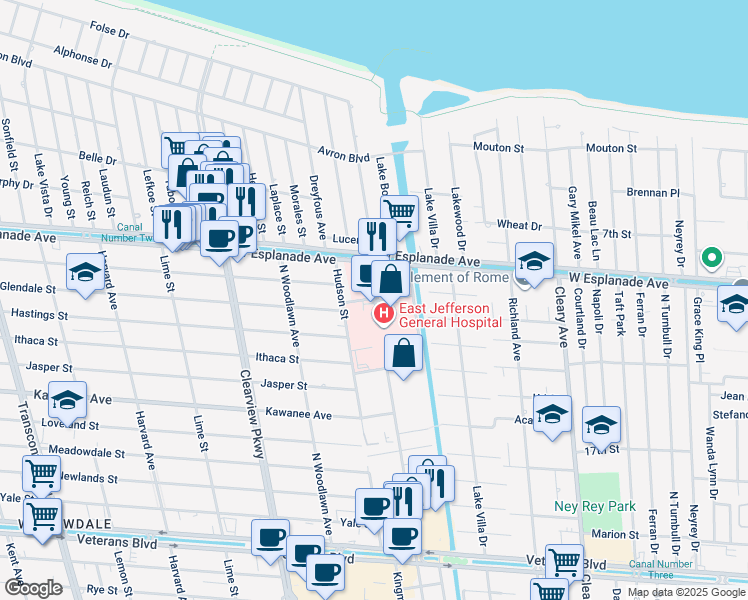 map of restaurants, bars, coffee shops, grocery stores, and more near 4204 Houma Boulevard in Metairie