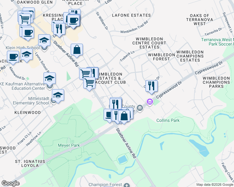 map of restaurants, bars, coffee shops, grocery stores, and more near 16210 York Minster Drive in Spring