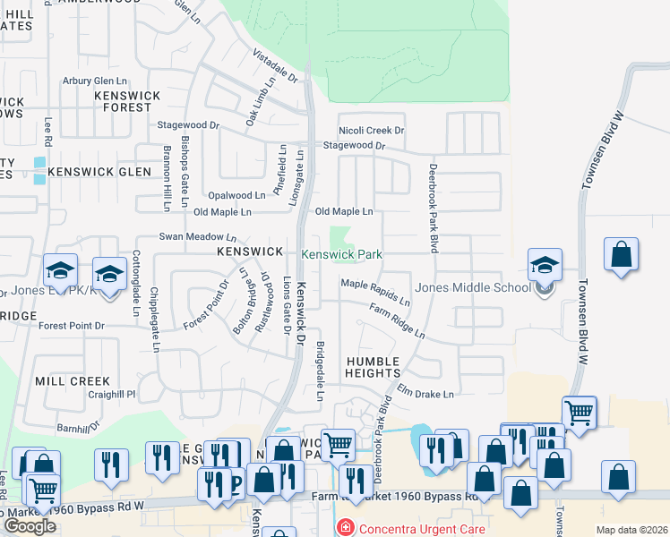 map of restaurants, bars, coffee shops, grocery stores, and more near 20226 Bridgedale Lane in Humble