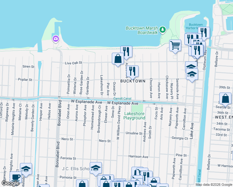 map of restaurants, bars, coffee shops, grocery stores, and more near 1337 Sylvia Avenue in Metairie