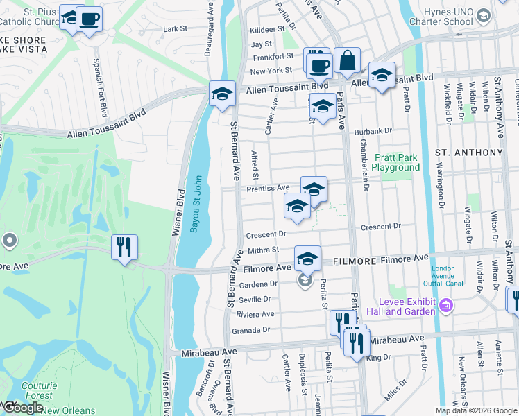 map of restaurants, bars, coffee shops, grocery stores, and more near 1325 Mendez Street in New Orleans