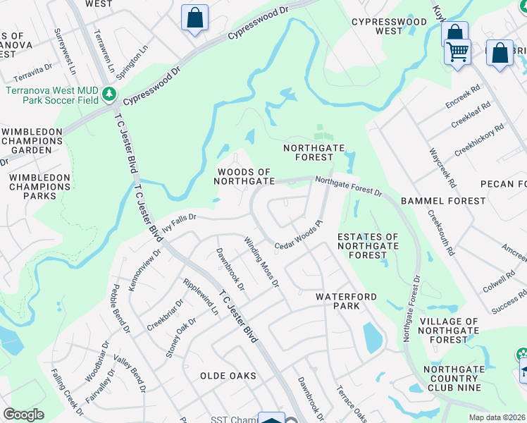 map of restaurants, bars, coffee shops, grocery stores, and more near 17306 Cedar Placid Lane in Houston