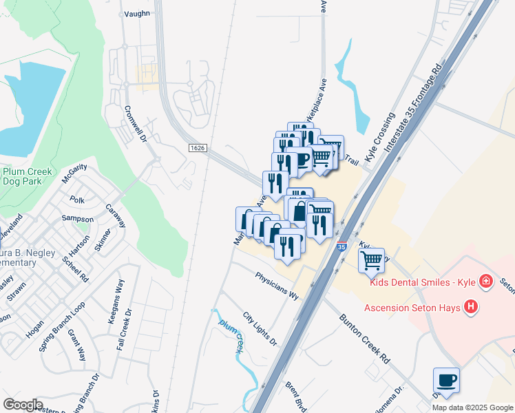 map of restaurants, bars, coffee shops, grocery stores, and more near Marketplace Avenue in Kyle