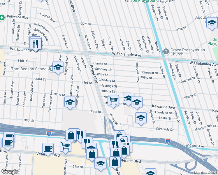 map of restaurants, bars, coffee shops, grocery stores, and more near 7105 Hastings Street in Metairie