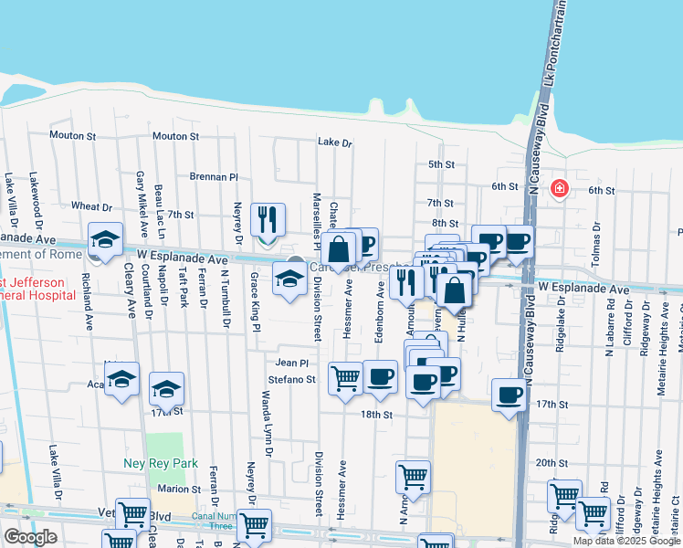 map of restaurants, bars, coffee shops, grocery stores, and more near in Metairie