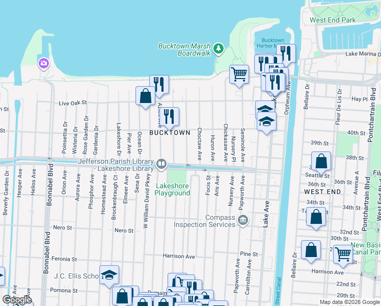map of restaurants, bars, coffee shops, grocery stores, and more near 1351 Sigur Avenue in Metairie