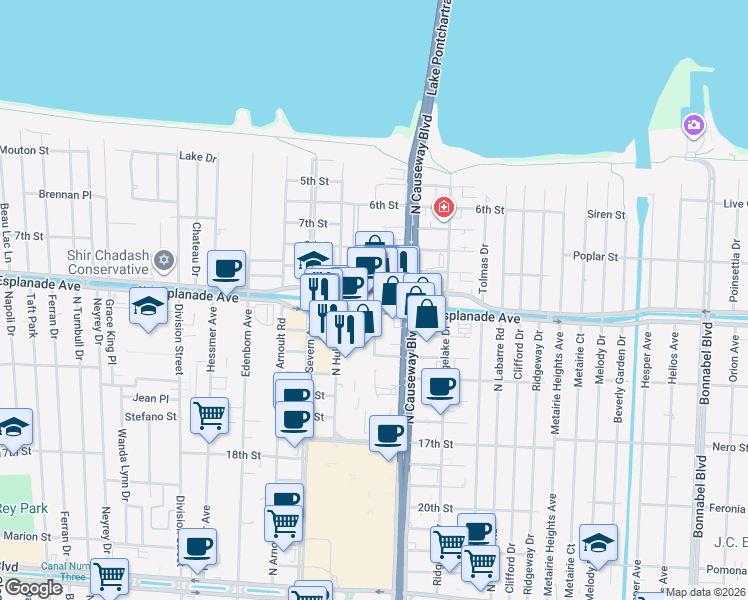 map of restaurants, bars, coffee shops, grocery stores, and more near 3636 North Causeway Boulevard in Metairie