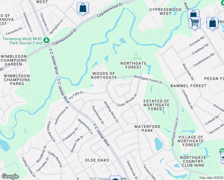 map of restaurants, bars, coffee shops, grocery stores, and more near 17306 Cedar Placid Lane in Houston