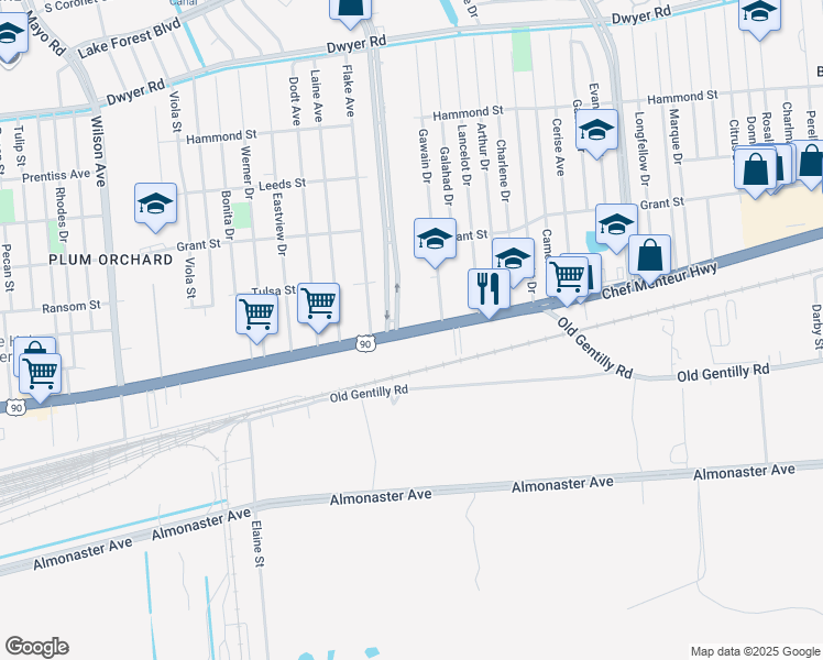 map of restaurants, bars, coffee shops, grocery stores, and more near 8542 Chef Menteur Hwy in New Orleans