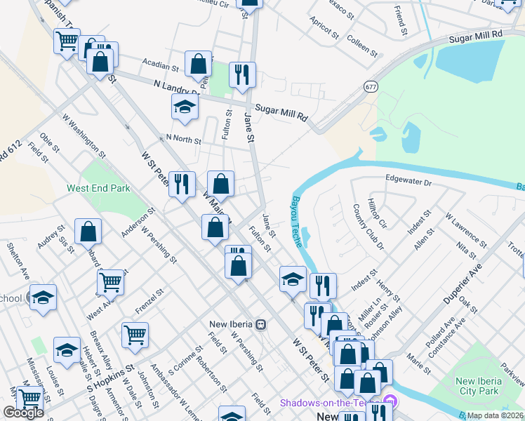 map of restaurants, bars, coffee shops, grocery stores, and more near 803 Jane Street in New Iberia