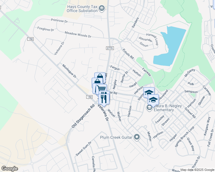 map of restaurants, bars, coffee shops, grocery stores, and more near 165a Michaelis Road in Kyle