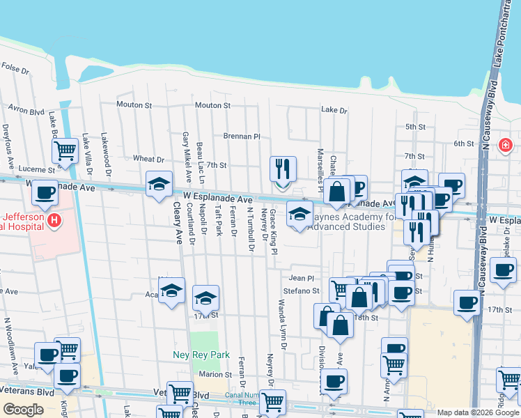 map of restaurants, bars, coffee shops, grocery stores, and more near 4500 Carthage Street in Metairie