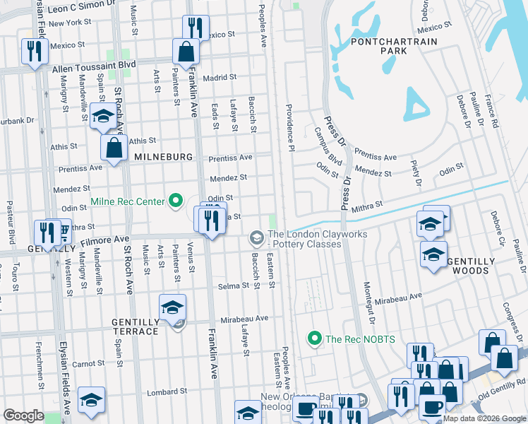 map of restaurants, bars, coffee shops, grocery stores, and more near 5428 Baccich Street in New Orleans