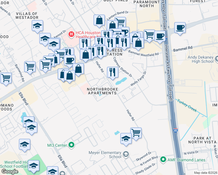 map of restaurants, bars, coffee shops, grocery stores, and more near 17111 Hafer Road in Houston