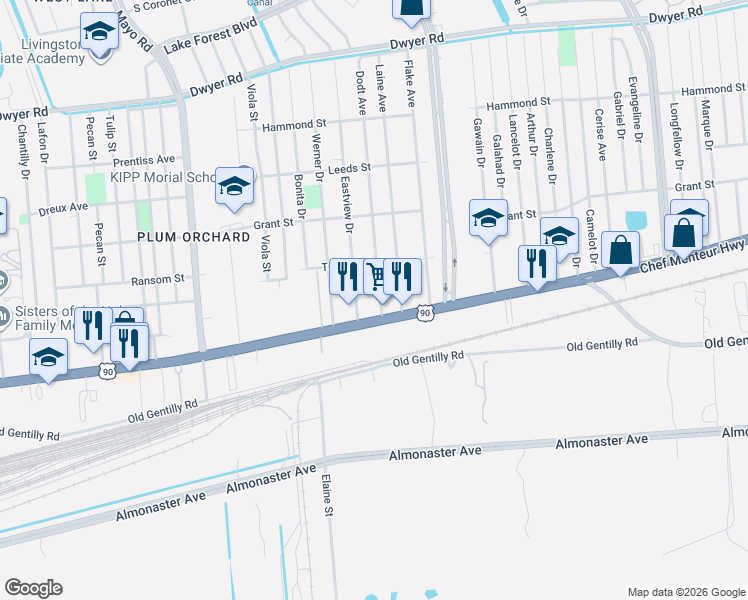map of restaurants, bars, coffee shops, grocery stores, and more near 4333 Dodt Avenue in New Orleans