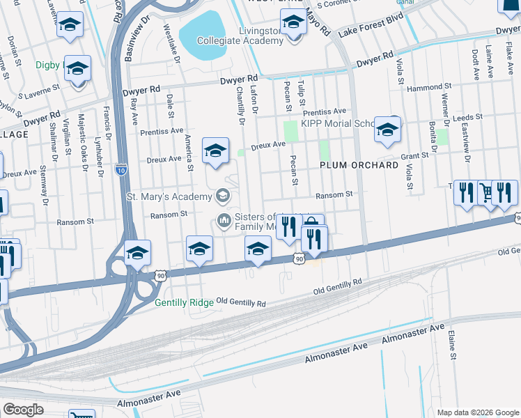 map of restaurants, bars, coffee shops, grocery stores, and more near 7101 Ransom Street in New Orleans