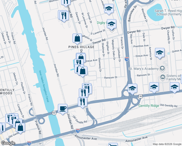 map of restaurants, bars, coffee shops, grocery stores, and more near 6030 Beechcraft Street in New Orleans