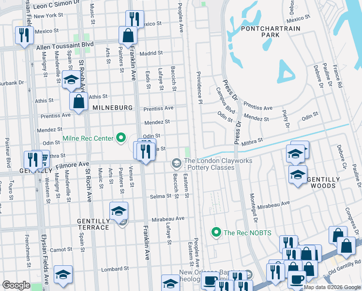 map of restaurants, bars, coffee shops, grocery stores, and more near 5428 Baccich Street in New Orleans