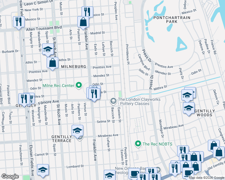 map of restaurants, bars, coffee shops, grocery stores, and more near 5428 Baccich Street in New Orleans