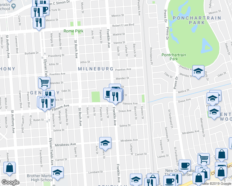 map of restaurants, bars, coffee shops, grocery stores, and more near 5431 Franklin Avenue in New Orleans