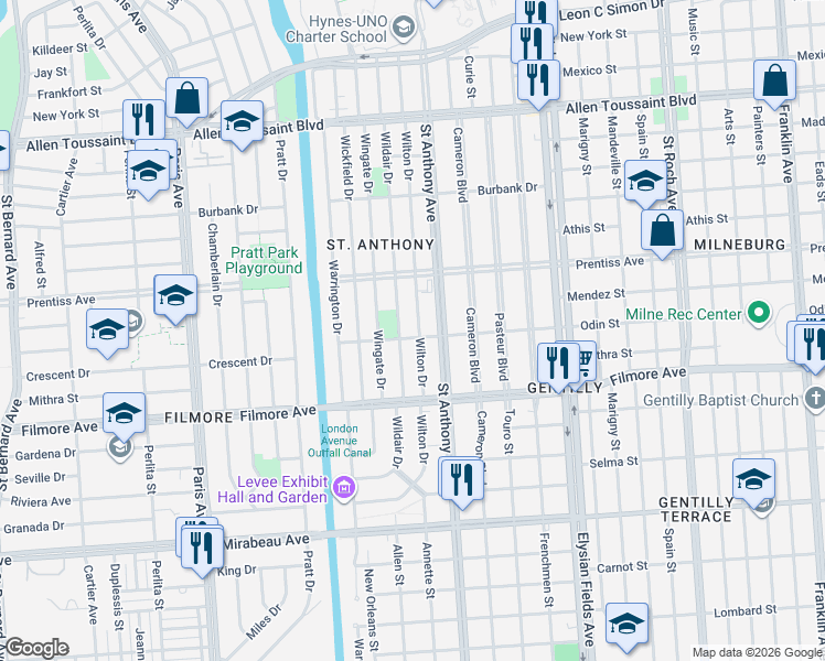 map of restaurants, bars, coffee shops, grocery stores, and more near 5509 Wilton Drive in New Orleans