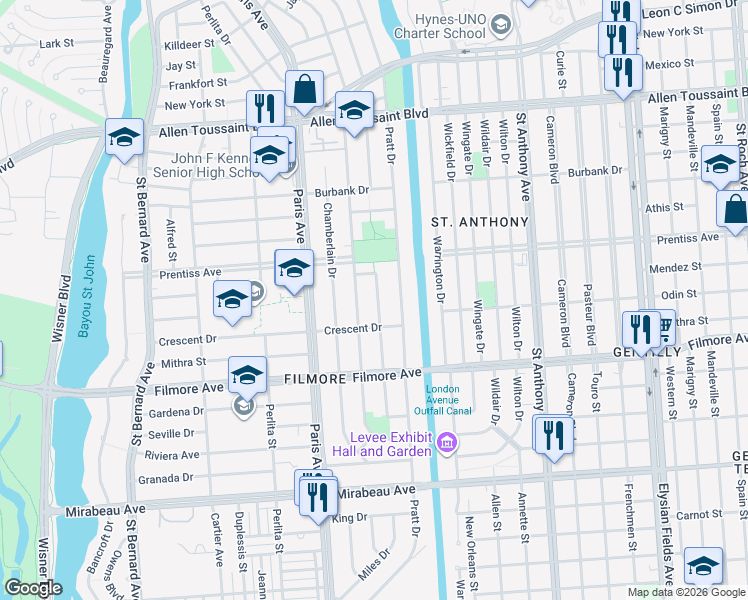 map of restaurants, bars, coffee shops, grocery stores, and more near 5611 Charlotte Drive in New Orleans