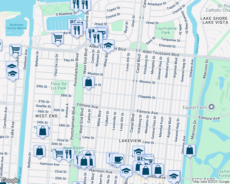 map of restaurants, bars, coffee shops, grocery stores, and more near 6830 Louisville Street in New Orleans
