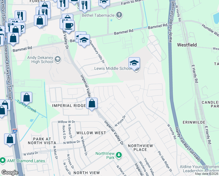 map of restaurants, bars, coffee shops, grocery stores, and more near 22207 Queenbury Hills Dr in Houston