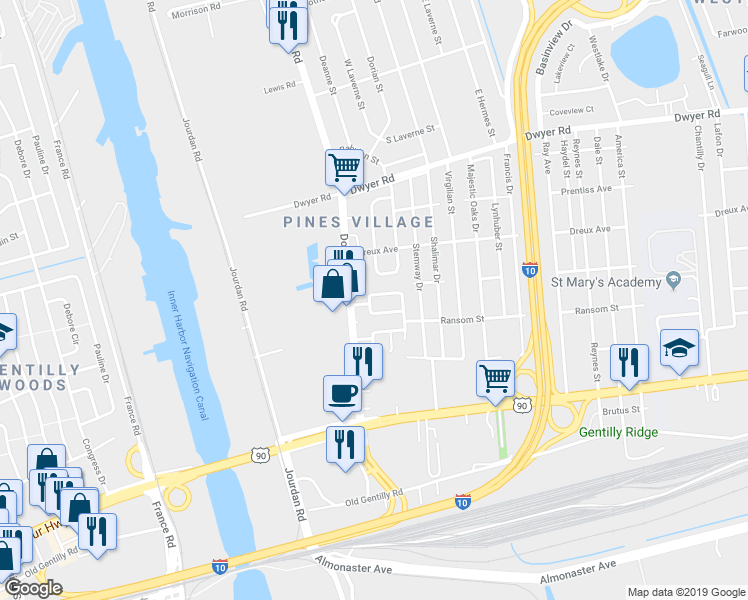 map of restaurants, bars, coffee shops, grocery stores, and more near 5903 Denny Street in New Orleans