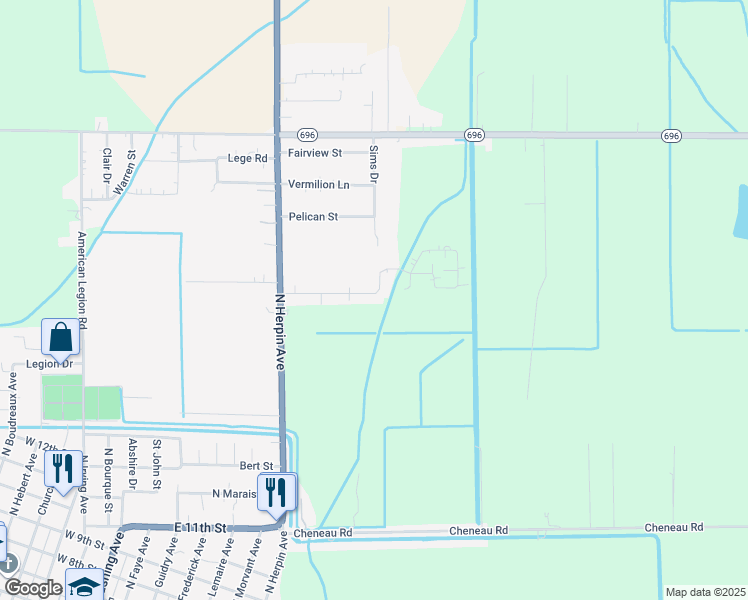 map of restaurants, bars, coffee shops, grocery stores, and more near 101 Justin Circle in Kaplan