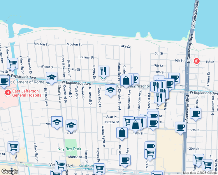 map of restaurants, bars, coffee shops, grocery stores, and more near 3728 West Esplanade Avenue in Metairie