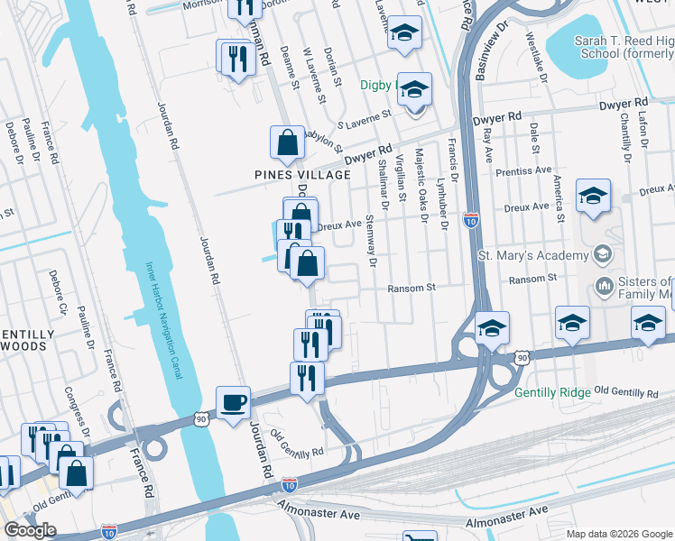 map of restaurants, bars, coffee shops, grocery stores, and more near 6030 Beechcraft Street in New Orleans