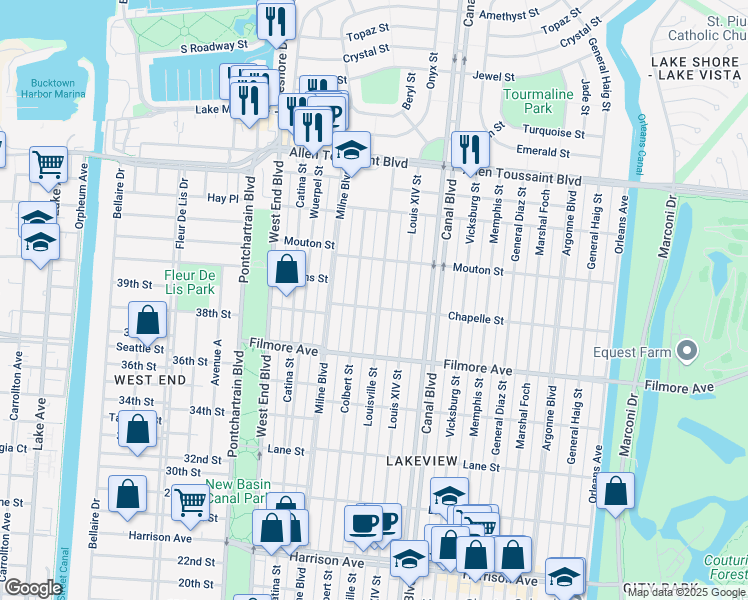 map of restaurants, bars, coffee shops, grocery stores, and more near 6830 Louisville Street in New Orleans
