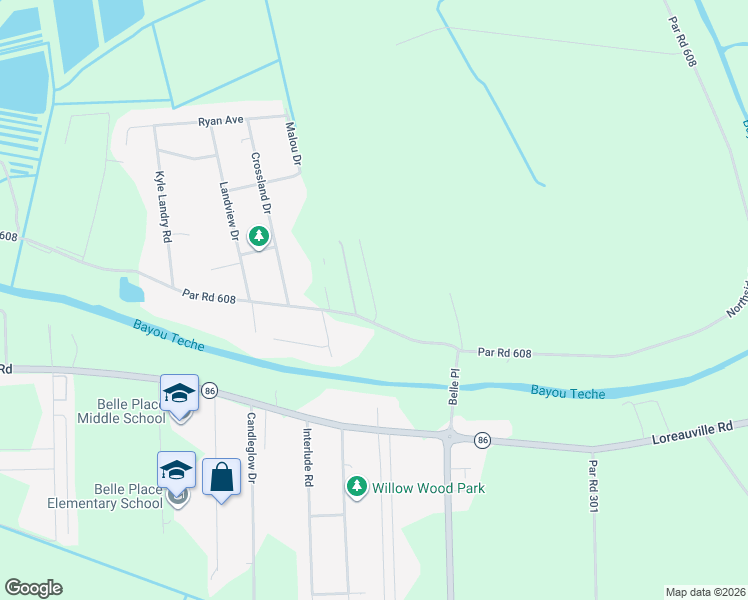 map of restaurants, bars, coffee shops, grocery stores, and more near 1114 Comeaux Road in New Iberia