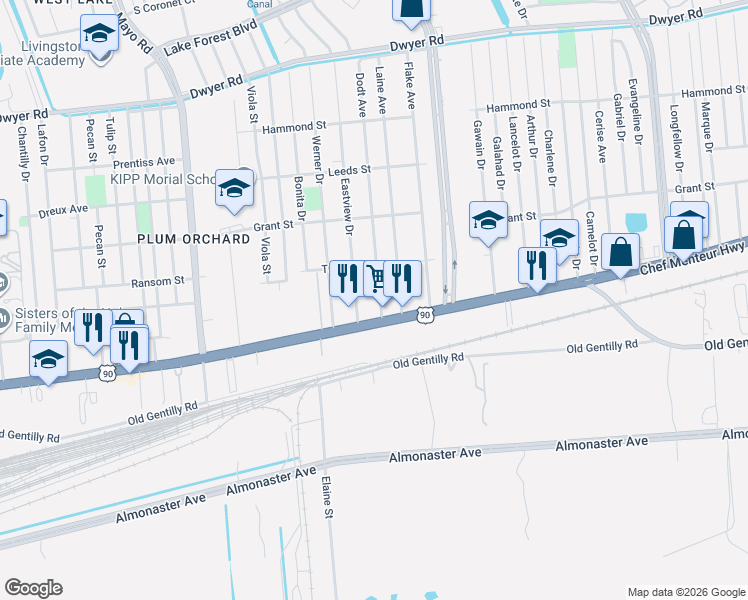 map of restaurants, bars, coffee shops, grocery stores, and more near 4333 Dodt Avenue in New Orleans